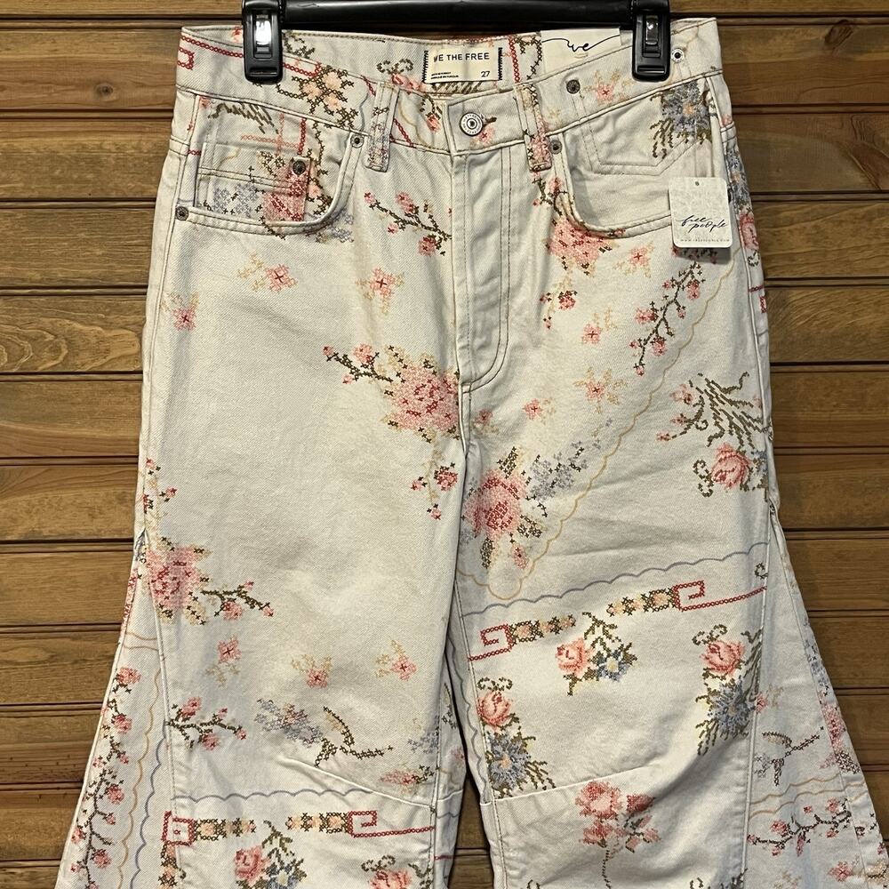 Free People We The Free Eden Slouch Jeans Cross Stitch Print Button Fly Size 27 - Picture 4 of 16